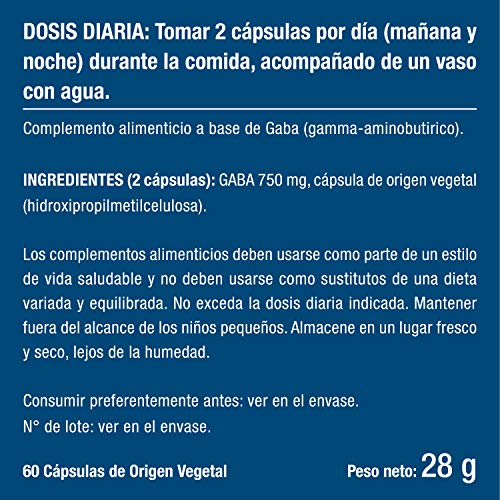 Gaba 750mg/día Relajante Natural | 60 Cápsulas Veganas | Combate Estrés Insomnio y Ansiedad | Fabricado en Francia | Ayuda a Dormir Bien y a Relajarse | Acido Gamma Amino Butírico