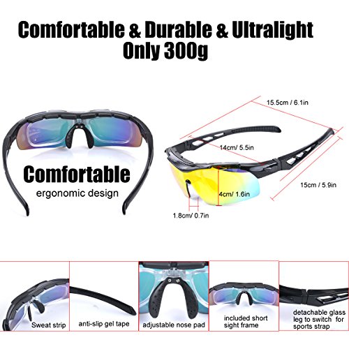 Gafas de Ciclismo Unisex Gafas de Sol de Deportivas Bici Polarizadas 5 Lentes Intercambiables para Hombre y Mujer Deporte Bicicleta Ciclismo Montaña MTB Conducir Pesca Ski Esquiar Golf Correr (Negro)