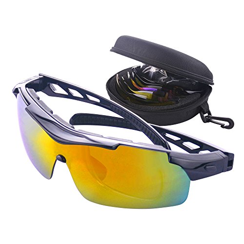 Gafas de Ciclismo Unisex Gafas de Sol de Deportivas Bici Polarizadas 5 Lentes Intercambiables para Hombre y Mujer Deporte Bicicleta Ciclismo Montaña MTB Conducir Pesca Ski Esquiar Golf Correr (Negro)