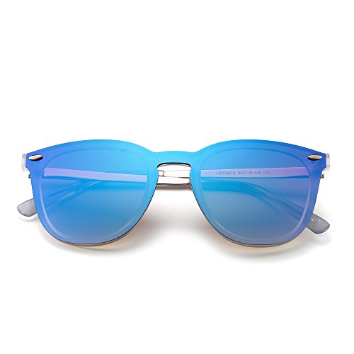 Gafas de Sol Sin Montura Una Pieza de Espejo Reflexivo Anteojos Para Hombre Mujer(Transparente Mate/Azul Grandiente Espejo)