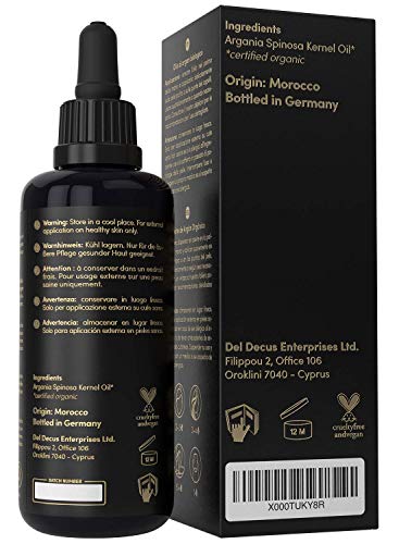 GANADOR 06/20* Aceite de Argán ORGÁNICO Certificado Vegano 100ml - 100% Puro, Nativo y Prensado en Frío - Cuidado Hidratante Antiarrugas para Piel, Pelo y Uñas - Cosmética Natural