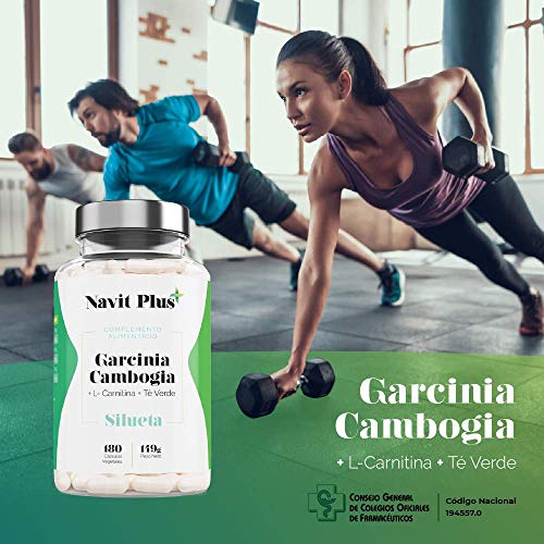 Garcinia Cambogia 1200mg DDR + L-Carnitina + Té Verde | Reductor del apetito | Quemagrasas 100% natural | Fabricado en España | Código Nacional Farmacia 194557.0 | 180 cápsulas vegetales | Navit Plus