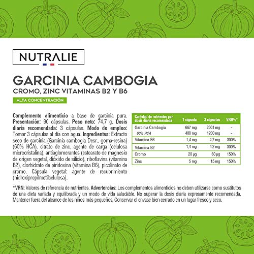 Garcinia Cambogia | Quemagrasas 100% Natural e Inhibidor del Apetito | Termogénico de Alta concentración 60% HCA | 90 Cápsulas Veganas | Nutralie
