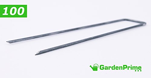 GardenPrime 100 Grapas Metálicas Alambre de Acero 150mm para Sujetar Tela antihierbas, Mallas, Lana, aislantes, Telas de jardinería y láminas de Polietileno (100 Clavijas, 150 mm de Longitud, Acero)