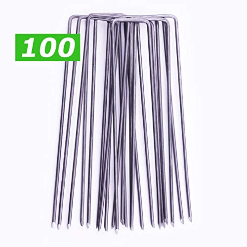 GardenPrime 100 Grapas Metálicas Alambre de Acero 150mm para Sujetar Tela antihierbas, Mallas, Lana, aislantes, Telas de jardinería y láminas de Polietileno (100 Clavijas, 150 mm de Longitud, Acero)