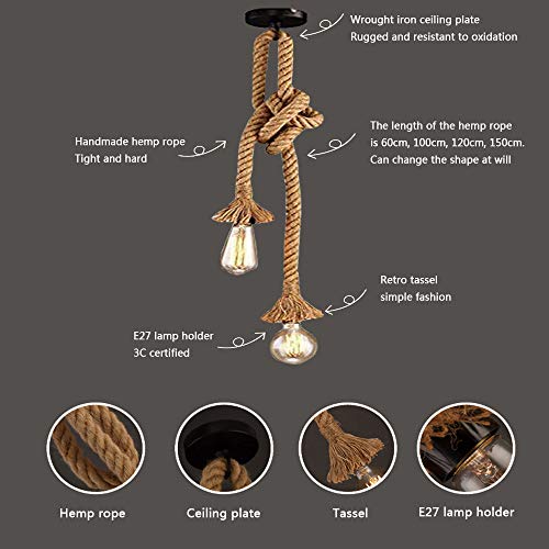 Gdtime Lámpara colgante de estilo industrial vintage, lámpara colgante de doble cabeza de cuerda de cáñamo, para cafeterías, restaurantes, bares, etc. (300CM)