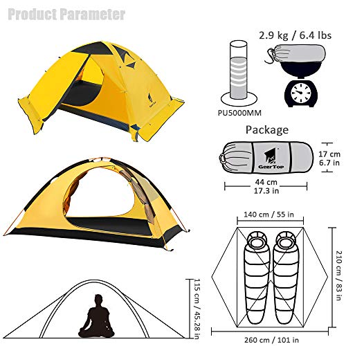 GEERTOP Tienda de campaña para 2 Personas, 4 Estaciones, Impermeable, Doble Capa, para Caza, Senderismo, Escalada, Viajes, fácil configuración (Yellow)