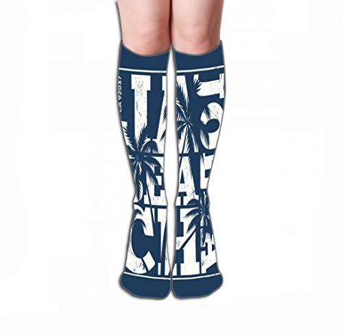 GHEDPO Calcetines Altos Socks for Women & Men - Best for Running, Athletic Sports, Crossfit, Flight Travel 19.7"(50cm) la Jolla Print Palm Trees Design st Stamp Label Typography