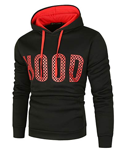 GHYUGR Sudadera con Capucha Hombre Colores de Contraste Estampado Hoodie Sweatshirt Pullover con Bolsillo Otoño Invierno Deporte Outwear,Negro+Rojo,L