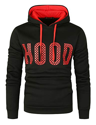 GHYUGR Sudadera con Capucha Hombre Colores de Contraste Estampado Hoodie Sweatshirt Pullover con Bolsillo Otoño Invierno Deporte Outwear,Negro+Rojo,L