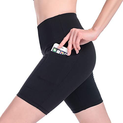 Gimdumasa Pantalones Cortos Deporte Mujer Cintura Alta Shorts Leggins Pantalones Cortos de Yoga para Correr Gym Fitness Mallas Deportivos con Bolsillos Laterales GI371 (Negro, XL)