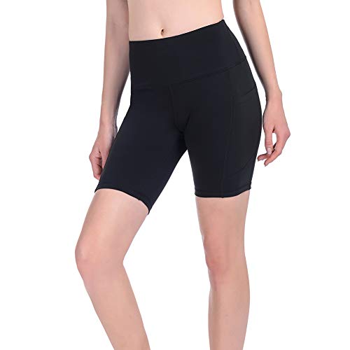 Gimdumasa Pantalones Cortos Deporte Mujer Cintura Alta Shorts Leggins Pantalones Cortos de Yoga para Correr Gym Fitness Mallas Deportivos con Bolsillos Laterales GI371 (Negro, XL)