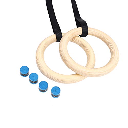 gimnasia olímpica de madera con 2 anillos de gimnasia de madera, 2 hebilla de leva ajustable y correas, 4 cintas antideslizantes para manos, para entrenamiento, entrenamiento de fuerza de gimnasio