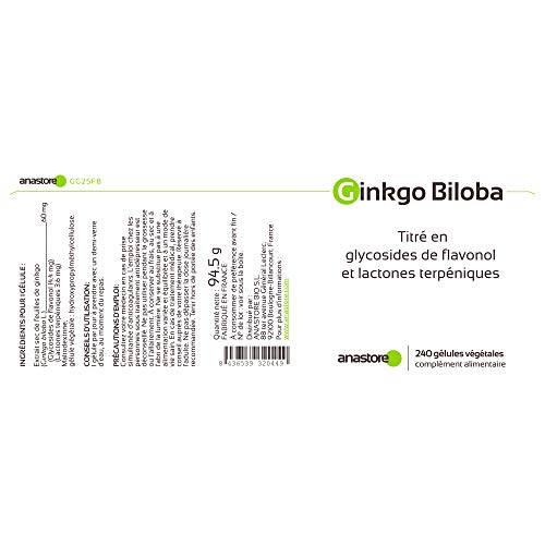 GINKGO BILOBA * 60 mg / 240 Cápsulas * Titulado al 24% min. de glucósidos de flavonol y al 6% min. de lactonas terpénicas * Cerebro