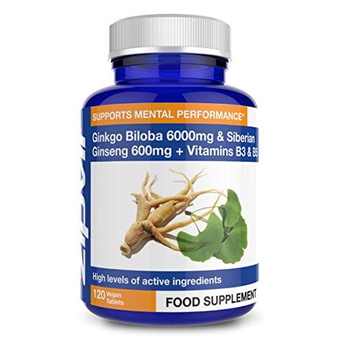 Ginkgo Biloba y Ginseng Siberiano, Ginkgo Estandarizado 6000mg y Ginseng 600mg con Vitamina B3 y B5. 120 Tabletas Veganas. Suministro por 4 Meses