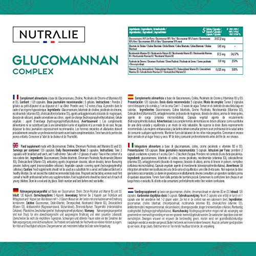 Glucomanano | Ayuda a Adelgazar e Inhibidor del Apetito 100% Natural con Bitartrato de Colina, Picolinato de Cromo y Vitaminas B3 y D3 | 120 Cápsulas Vegetales | NUTRALIE