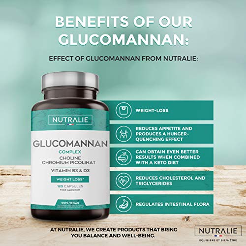 Glucomanano | Ayuda a Adelgazar e Inhibidor del Apetito 100% Natural con Bitartrato de Colina, Picolinato de Cromo y Vitaminas B3 y D3 | 120 Cápsulas Vegetales | NUTRALIE