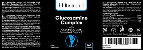 Glucosamina Complex con Condroitina, MSM, Boswellia y Quercetina, 365 Cápsulas | Para el dolor en las articulaciones | No-GMO, GMP, sin aditivos, sin Gluten | de Zenement