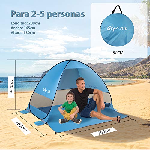 Glymnis Tienda de Playa Pop Up 2-5 Personas Tienda Instantánea Automática Tienda de Playa Portátil UPF 50+ de Gran Tamaño 200×165×130 cm Azul
