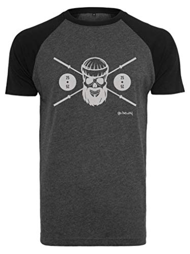 GO HEAVY Camiseta de Entrenamiento de béisbol de Manga Corta para Hombre | Camiseta Deportiva Fitness Gym | Barbell Skull Gris/Negro M