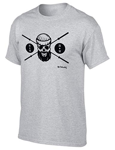 GO HEAVY Camiseta Deportiva de Fitness para Hombre | Camiseta de Entrenamiento de Manga Corta para Hombre | Barbell Skull Gris M