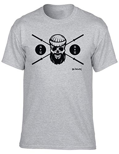 GO HEAVY Camiseta Deportiva de Fitness para Hombre | Camiseta de Entrenamiento de Manga Corta para Hombre | Barbell Skull Gris M