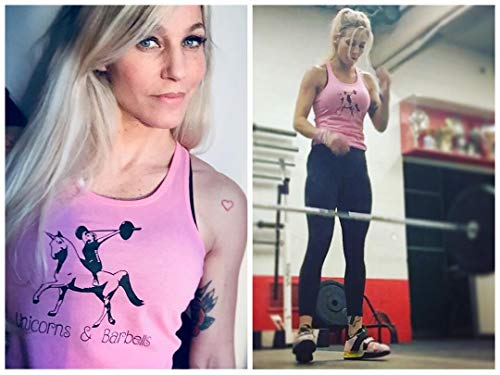 GO HEAVY Mujer Racer Camiseta Tirantes Deporte de Gimnasio Camiseta sin Mangas | Yoga Sport Top | Unicorns & Barbells | Rosa XS
