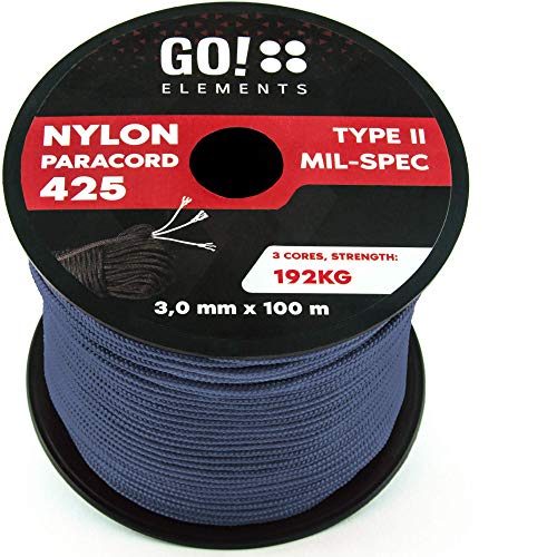 GO!elements 100m Cuerda Paracord de Nylon Resistente al desgarro - 3mm Paracord 425 Tipo II líneas como Cuerda para Exteriores, Cuerda para Todo Uso - línea de Nylon MAX. 192kg, Color:Gris Azulado