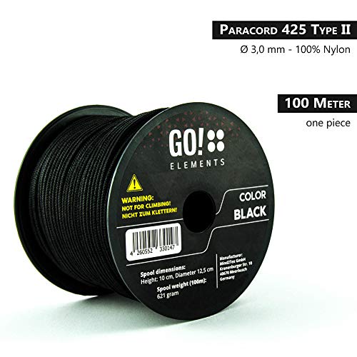 GO!elements 100m Cuerda Paracord de Nylon Resistente al desgarro - 3mm Paracord 425 Tipo II líneas como Cuerda para Exteriores, Cuerda para Todo Uso - línea de Nylon MAX. 192kg, Color:Negro
