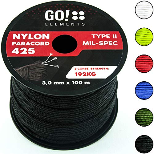 GO!elements 100m Cuerda Paracord de Nylon Resistente al desgarro - 3mm Paracord 425 Tipo II líneas como Cuerda para Exteriores, Cuerda para Todo Uso - línea de Nylon MAX. 192kg, Color:Negro