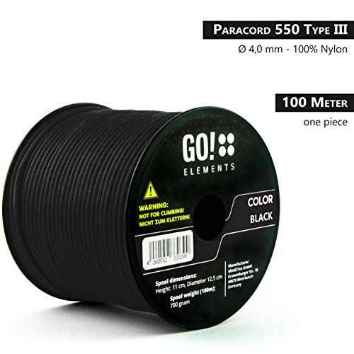 GO!elements 100m Paracord de Nylon a Prueba de desgarros - 4mm Paracord 550 Typo III Cuerda - Adecuado como Cuerda Yute & Cuerda Gruesa | MAX. 250kg, Color:Negro