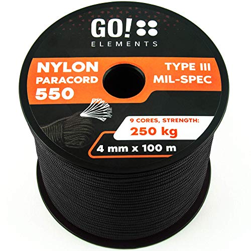 GO!elements 100m Paracord de Nylon a Prueba de desgarros - 4mm Paracord 550 Typo III Cuerda - Adecuado como Cuerda Yute & Cuerda Gruesa | MAX. 250kg, Color:Negro