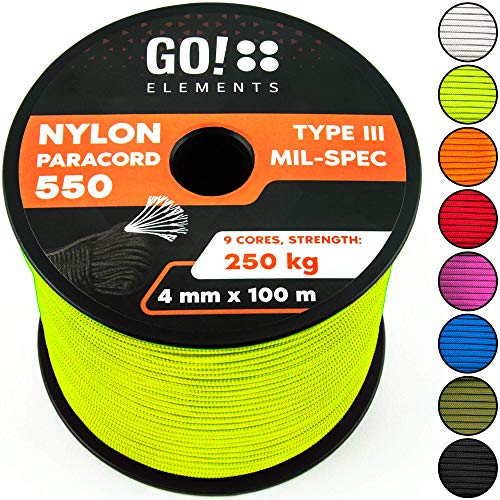 GO!elements 100m Paracord de Nylon a Prueba de desgarros - 4mm Paracord 550 Typo III Cuerda - Adecuado como Cuerda Yute & Cuerda Gruesa | MAX. 250kg, Color:Neon