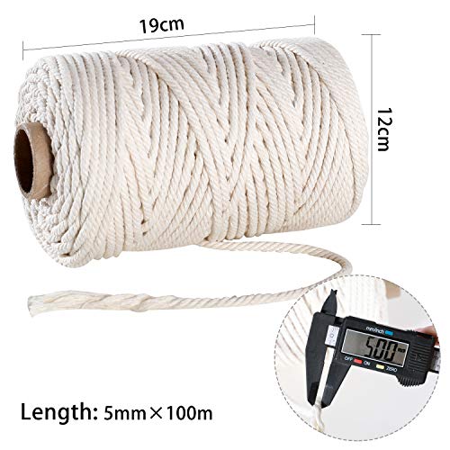 GoMaihe Macrame Cuerda, 5mm x 100m Cordón Hilo de Algodón Natural Colgante de Pared de Macramé, Bricolaje Artesanía Colgante de Pared Colgador de Planta Tejido Cordón Tejer Decoración Envolver, Beige