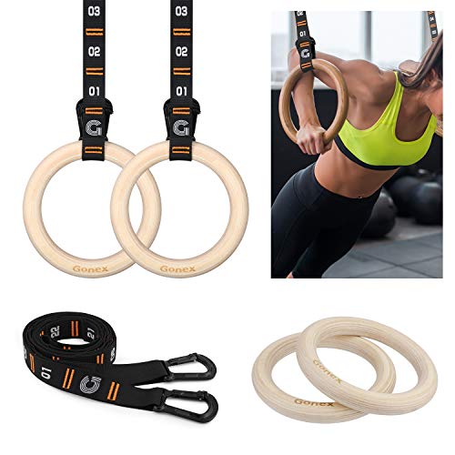 Gonex Anillos Gimnasia Madera con Correas Numéricas Ajustables 32mm Anillas Gimnasio para Fitness Crossfit Entrenamiento Dominadas Entrenamiento de Fuerza, Ejercicio en casa