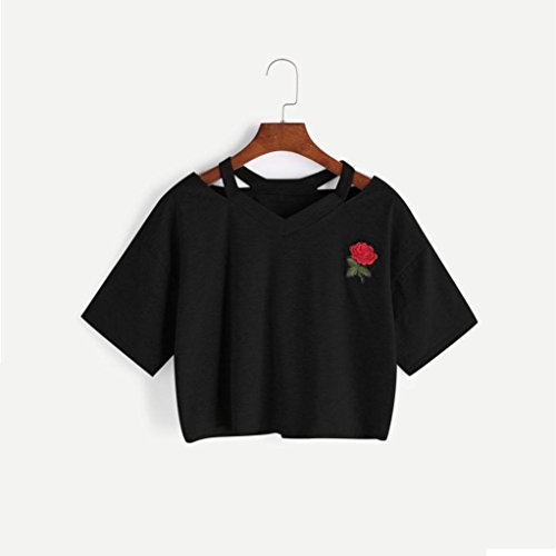 Goodsatar Mujer Rosa Manga corta Casual Camiseta Mezcla de algodón Cuello en V Chaleco Tops Blusa (S, Negro)