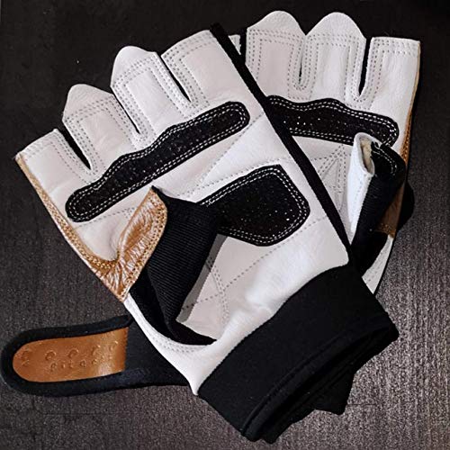 Gooro Fitness Guantes de Gimnasio de Cuero Auténtico Acolchados Ligeros Respirables con Palma Antideslizante (Blanco, S)