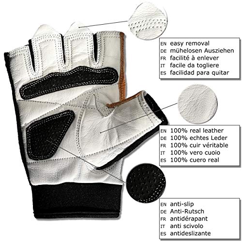 Gooro Fitness Guantes de Gimnasio de Cuero Auténtico Acolchados Ligeros Respirables con Palma Antideslizante (Blanco, S)