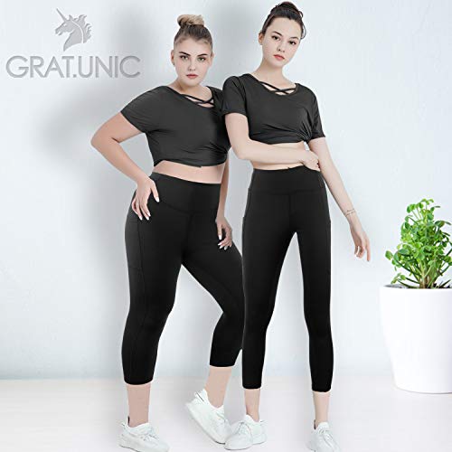 GRAT.UNIC Mallas Deportivas de Mujer,Mujer Pantalones elásticos de Yoga con Bolsillos Laterales,3/4 Polainas de Yoga Fitness (Negro 3/4, L)