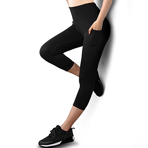 GRAT.UNIC Mallas Deportivas de Mujer,Mujer Pantalones elásticos de Yoga con Bolsillos Laterales,3/4 Polainas de Yoga Fitness (Negro 3/4, L)