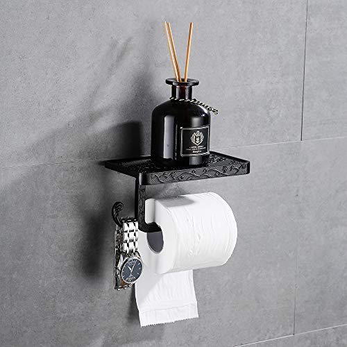 Gricol Portarrollos para Papel Higiénico Porta Rollos con Soporte para Teléfono Celular Toallero de Pared para Baño Estilo Retro Vintage (Negro)