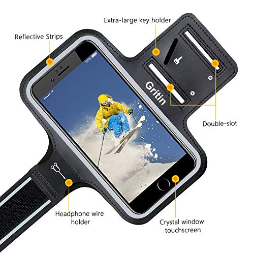 Gritin Brazalete Deportivo para Correr, Brazalete Móvil Deportivo Ajustable contra Sudor Correa de Extensión para iPhone 11 Pro/iPhone XS/X/iPhone 8/7/6/6s y Otros Teléfonos de Menos de 6.1"