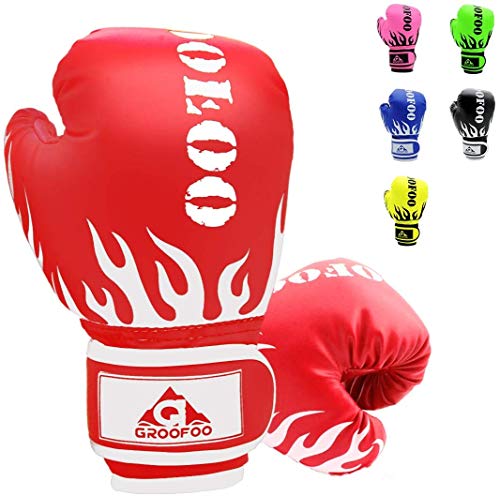 GROOFOO Guantes de Boxeo para Niños 4oz Entrenamiento Combate Guantes de Perforación per MMA Muay Thai Kick Boxing Età da 3 a 9 Anni - Rojo