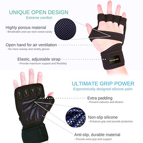 Guantes de Crossfit para Gimnasio con Envoltura de muñeca, Calleras sin Dedos para Musculacion en Gym y Calistenia, Dominadas en Barra, Pesas, Mancuernas, Kettlebell para Mujer y Hombre