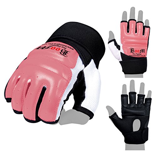 Guantes de cuero sin puntas de los dedos, para artes marciales, MMA, Kick Boxing, boxeo, Muay Thai, de Boom Prime, hombre, color rosa, tamaño Medium