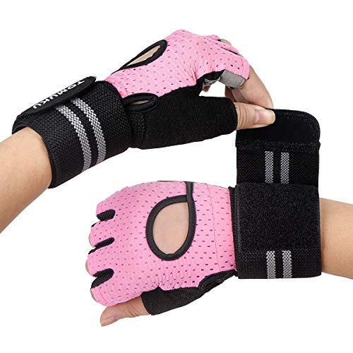 Guantes de gimnasio, guantes entrenamiento con soporte completo para la muñeca, protección de la palma, Guantes deportivos transpirables, ideales para levantamiento de pesas, flexiones (Rosa, S)