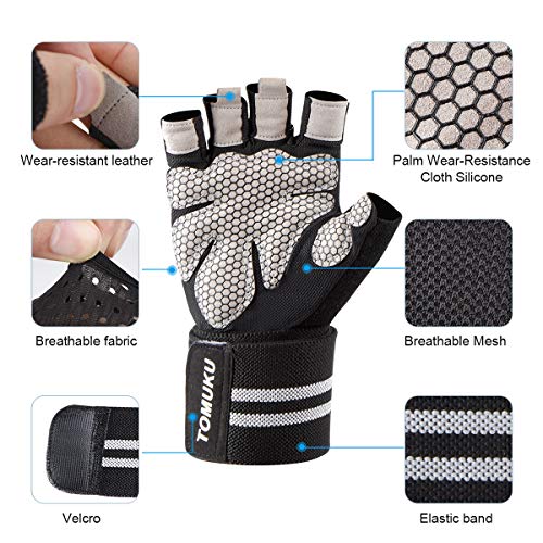 Guantes de gimnasio, guantes entrenamiento con soporte completo para la muñeca, protección de la palma, Guantes deportivos transpirables, ideales para levantamiento de pesas, flexiones (Negro, M)