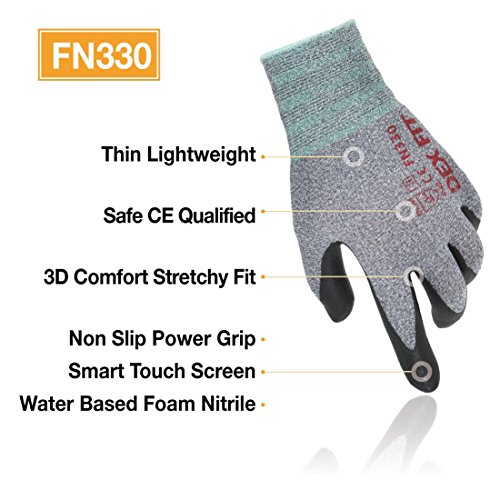 Guantes de Trabajo DEX FIT FN330, Ajuste Cómodo Elástico en 3D, Gran Agarre, Smart Touch, Espuma de Nitrilo Duradera, Fino y Ligero, Lavables a Máquina, Gris Talla 8 (M) 3 Pares