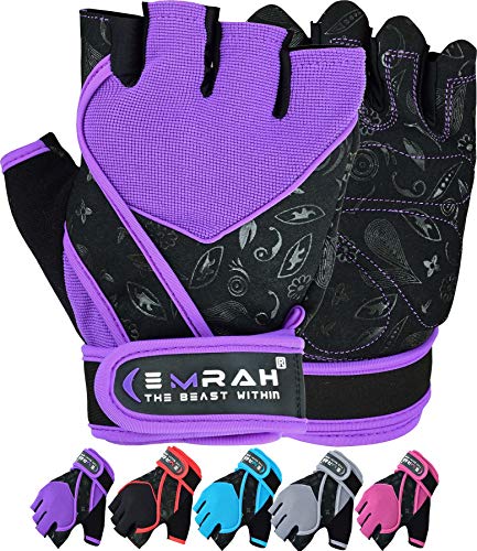 Guantes Emrah de mujer para gimnasio, levantamiento de pesas, entrenamiento y crossfit, con tejido transpirable y protección para la muñeca, color morado, tamaño Small