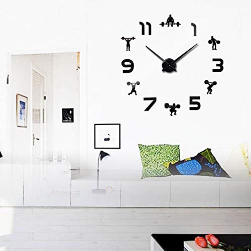 GYGUYHIHY Halterofilia Fitness DIY Reloj de Pared Grande Levantamiento de Pesas Culturismo Reloj de Pared sin Marco Etiqueta de Pared de Espejo 3D, Reloj de Moda, Oro,Black